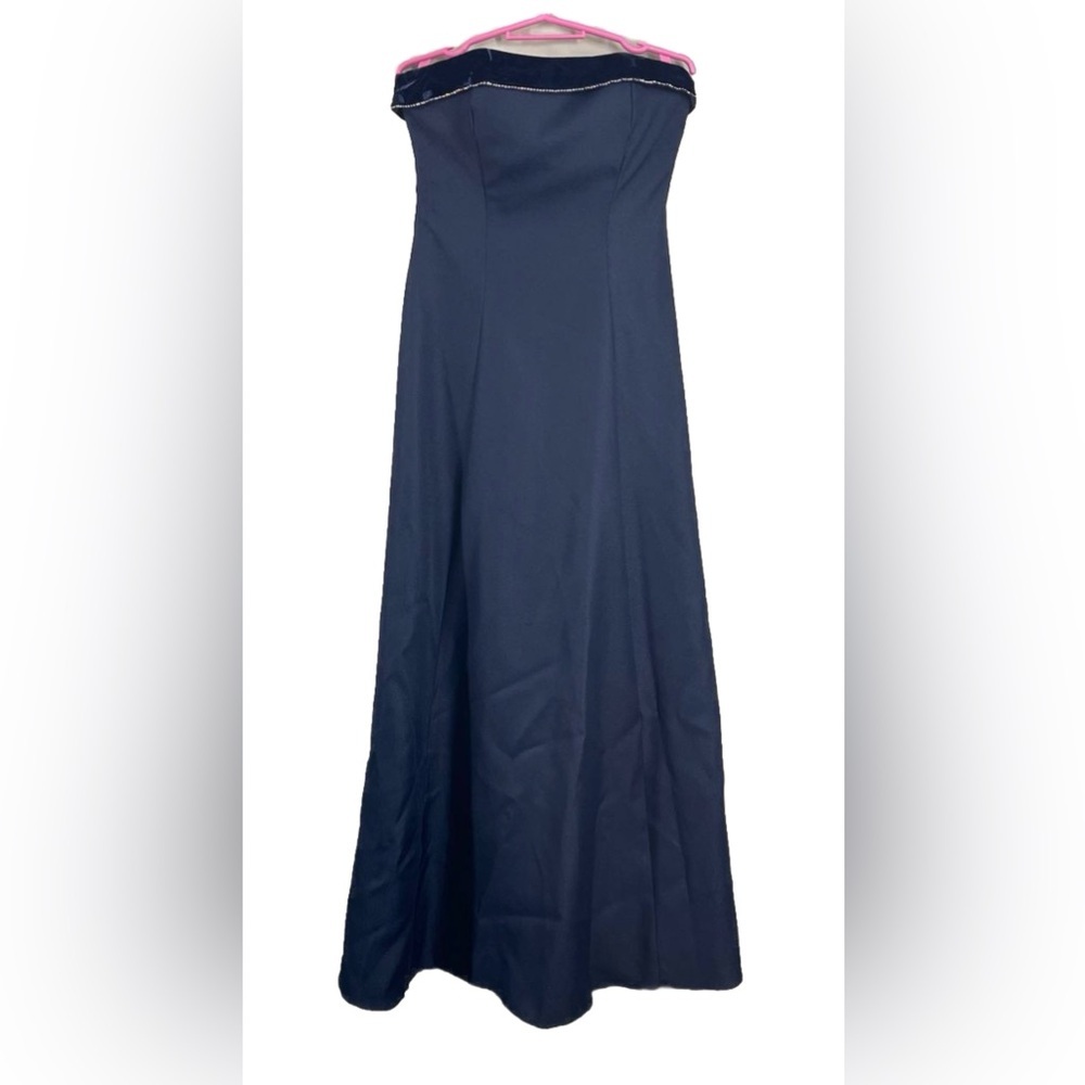 Bill Levkoff Navy Blue Strapless Velvet Chiffon Long Formal Gown Size 5/6 VTG